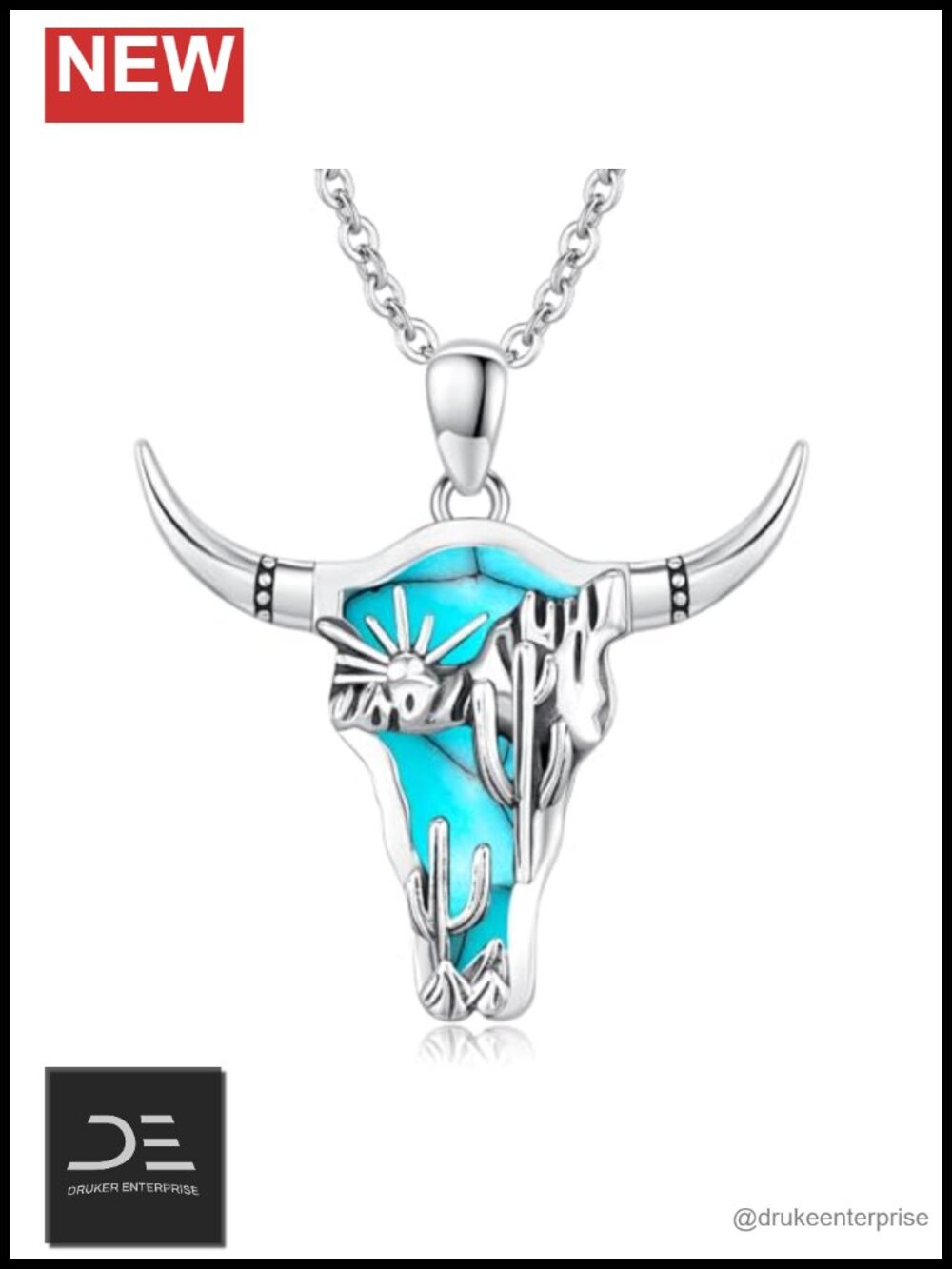 925 Sterling Silver Turquoise Pendant Necklace Western Cowgirl Cow Skull Jewelry